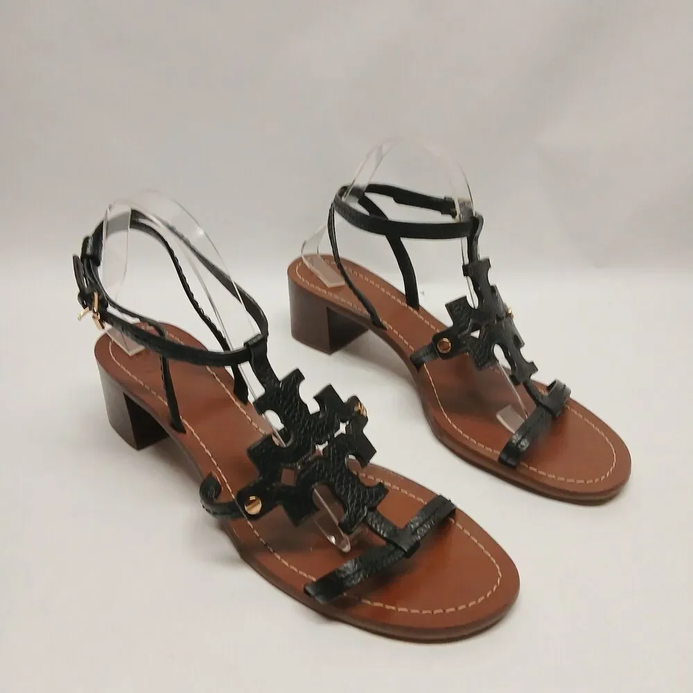 Tory Burch Black Leather Double T Logo Block Heel Ankle Strap Sandals Women's 11